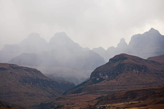 A stormy day at Cathedral Peak in the Drakensberg Mountains. KwaZulu-Natal Province, South Africa