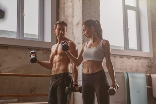 Young lady holding dumbbell and performing exercise for arms with strong athletic man in the gym