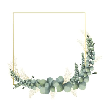 frame golden square vintage leaves watercolor hand drawn golden frame line art on white background isolate