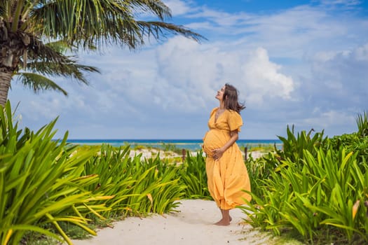 A radiant pregnant woman after 40 basking in the sun's warmth on a tropical beach, cherishing the serenity and bliss of her pregnancy journey.