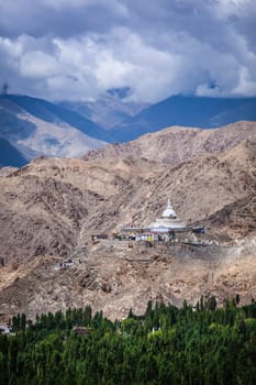 Shanti stupa - Buddhist stupa (chorten) on a hilltop in Himalayas. Leh, Ladakh, Jammu and Kashmir, India