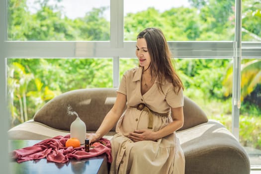 A serene moment captured as a pregnant woman after 40 embraces the soothing benefits of aroma oils and an aroma diffuser, enhancing her pregnancy journey with relaxation and tranquility.