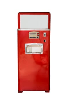 Old vintage red soda machine isolated on white background. Red soda vending machine. Front view.