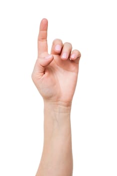 Hand touching virtual screen isolated on white background. Female hand doing a number one gesture.