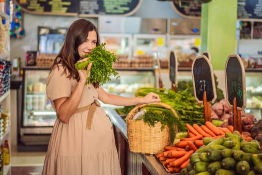A glowing pregnant woman after forty makes a healthy choice as she selects organic vegetables and fruits at the vibrant organic market, prioritizing her well-being and her baby's health.