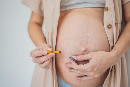 Woman injects a dose of heparin into her belly.