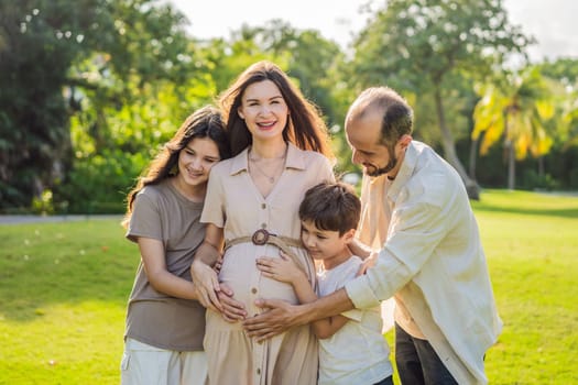 A loving family enjoying a leisurely walk in the park - a radiant pregnant woman after 40, embraced by her husband, and accompanied by their adult teenage children, savoring precious moments together amidst nature's beauty. Pregnancy after 40 concept.