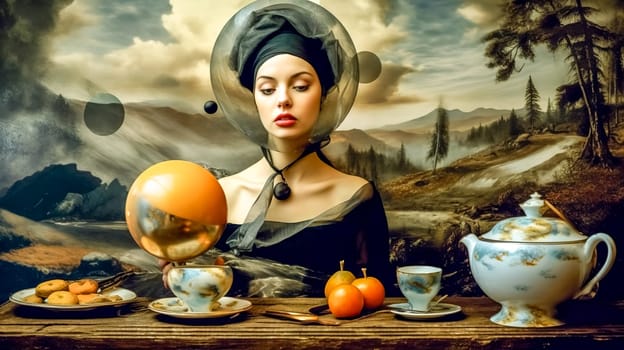 surrealistic abstract portrait of a young woman in nature with a tea set on the table, made with Generative AI.