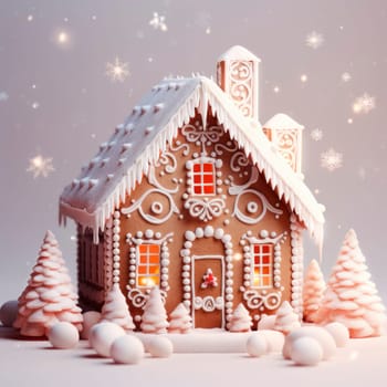 A beautiful fairy-tale Christmas gingerbread house. The concept of Christmas. Minimalism. Banner.