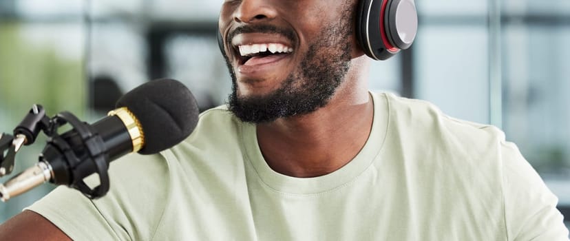 Man, microphone and mouth with headphones and radio DJ, news with communication and closeup of audio equipment. Podcast, technology and multimedia or happy male presenter, hosting show and broadcast.