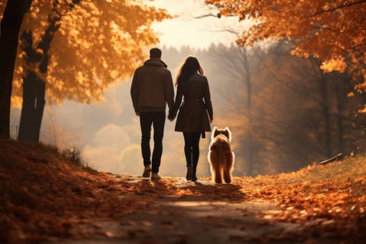 young couple walking dog in the park in autumn day, sun shines, AI Generated