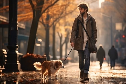 young man walking dog in the city in autumn day after rain, AI Generated