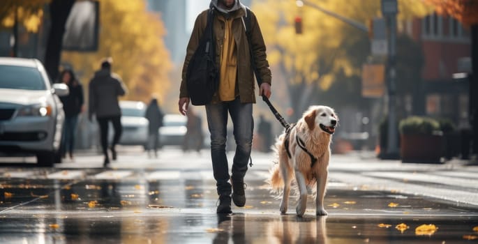 young man walking dog in the city in autumn day after rain, AI Generated