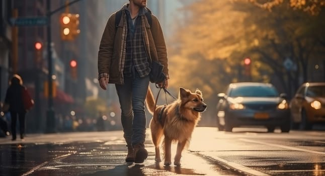 young man walking dog in the city in autumn day after rain, AI Generated