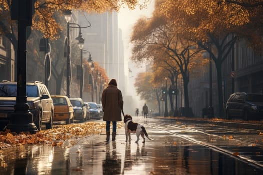 young man walking dog in the city in autumn day after rain, AI Generated