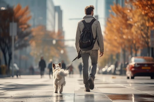 young man walking dog in the city in autumn day after rain, AI Generated