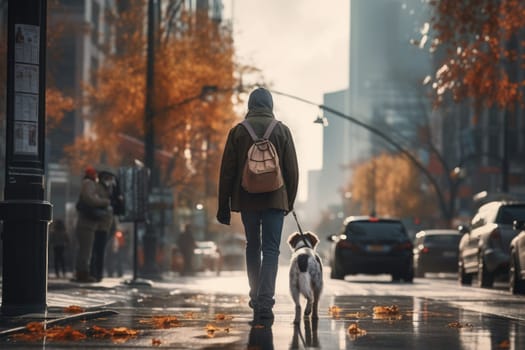 young man walking dog in the city in autumn day after rain, AI Generated