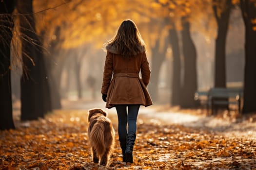 young woman walking her dog in the park in autumn day, view from behind, AI Generated