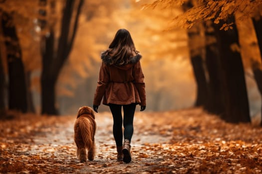 young woman walking her dog in the park in autumn day, view from behind, AI Generated