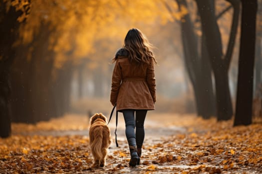 young woman walking her dog in the park in autumn day, view from behind, AI Generated