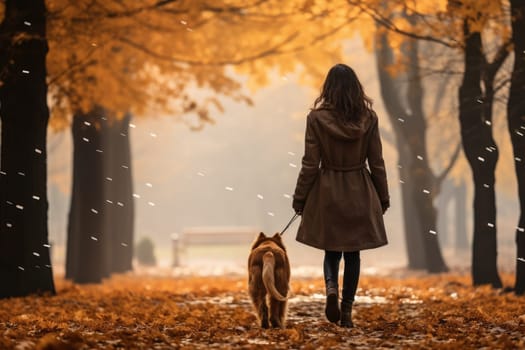 young woman walking her dog in the park in autumn day, view from behind, AI Generated