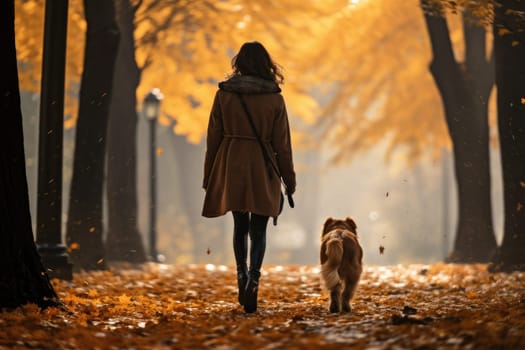 young woman walking her dog in the park in autumn day, view from behind, AI Generated