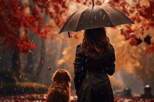 young woman walking her dog in the park in rainy autumn day, sun shines, AI Generated