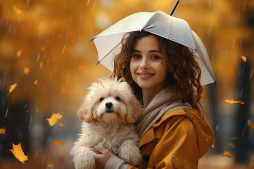 portrait of young woman walking her dog in the park in autumn rainy day, holding umbrella, AI Generated