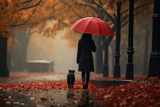 young woman walking her dog in the park in rainy autumn day, sun shines, AI Generated