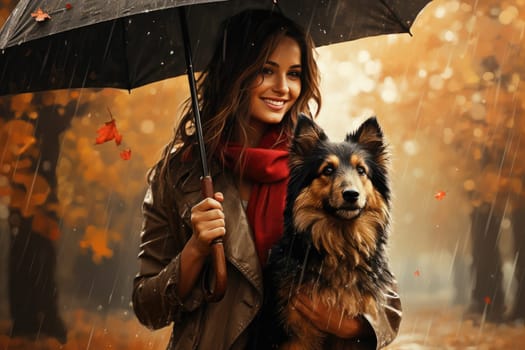 portrait of young woman walking her dog in the park in autumn rainy day, holding umbrella, AI Generated