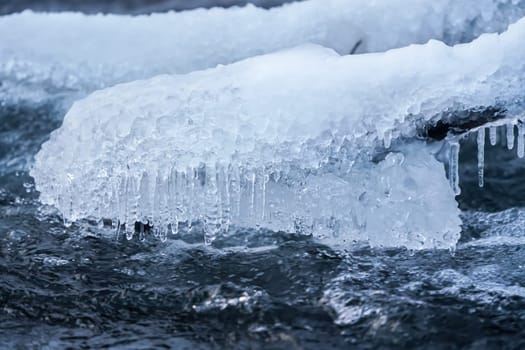 Ice on frozen river, closeup detail, water flows over rocks - winter background.