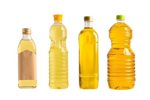 Vegetable oil with olive oil in different bottle for cooking isolated on white background with clipping path.