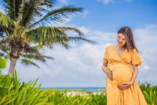 A radiant pregnant woman after 40 basking in the sun's warmth on a tropical beach, cherishing the serenity and bliss of her pregnancy journey.