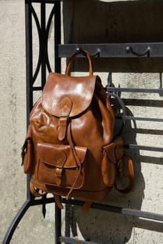 Leather brown backpack. backpack for travelers and students.