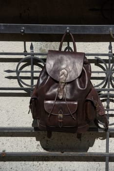 Leather brown backpack. backpack for travelers and students.