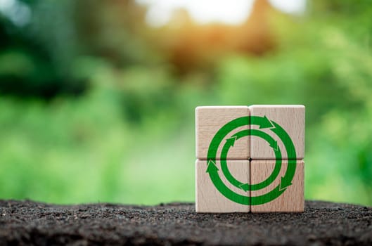 Concepts of waste reduction, pollution, reuse, efficient use of resources. Environmental protection sign by recycling on circular wooden blocks on nature background.
