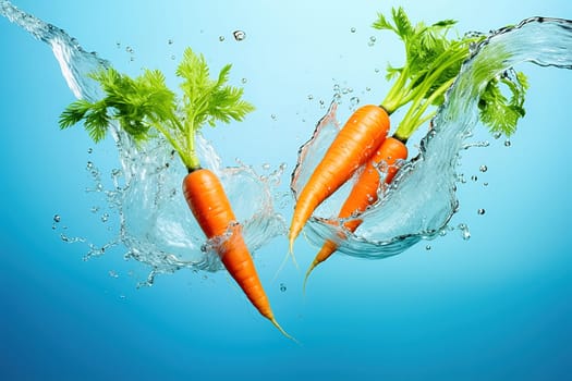 Young carrot with water splash on a blue background. High quality photo
