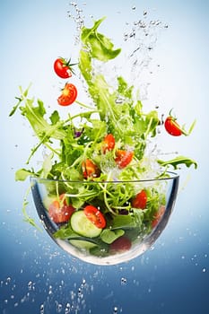 Sliced vegetable salad with water splashes in the air. Levitation. High quality photo