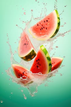 Sliced pieces of juicy watermelon with splashes of water. Levitation. High quality photo