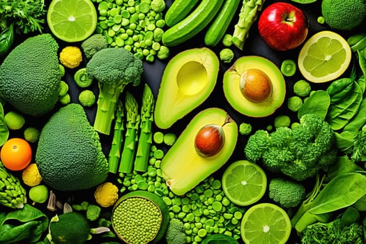 Assorted green vegetables and fruits. View from above. High quality photo