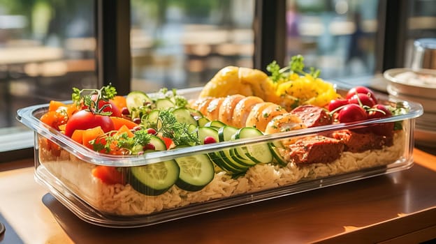 Pasta with vegetables and and pieces of meat in a tray. High quality photo