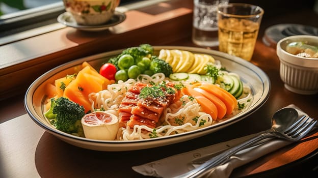 Pasta with vegetables and and pieces of meat in a tray. High quality photo