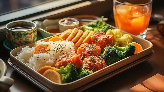 Vegetables garnished with rice. Breakfast lunch. High quality photo