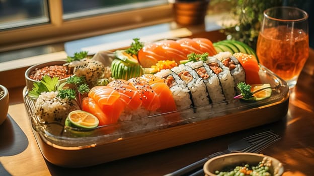 Assorted sushi, avocado rolls in a tray. High quality photo