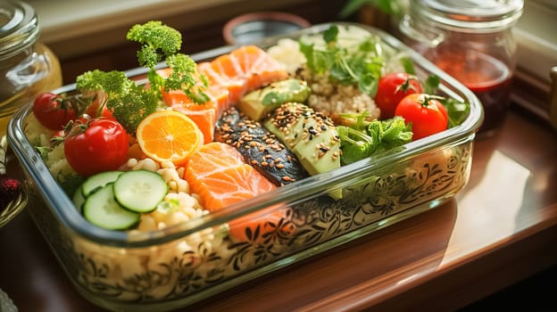 Pasta with vegetables and fish pieces in a tray. High quality photo