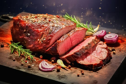 A piece of baked meat with chopped slices, on a dark background. High quality photo