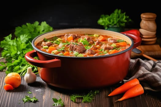 Cooked red soup in a saucepan, borscht. High quality photo