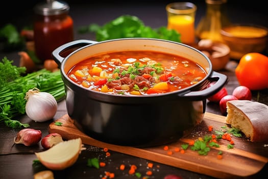Cooked red soup in a saucepan, borscht. High quality photo