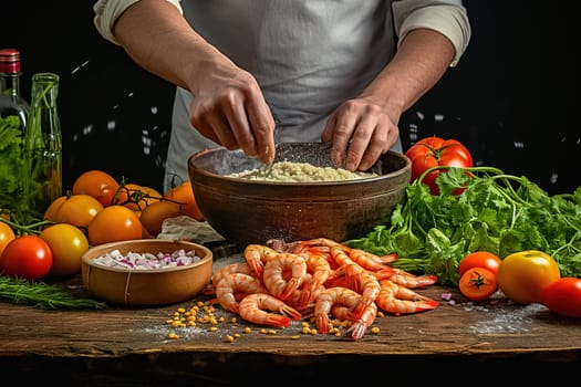 The chef cooks shrimp with spices and vegetables. High quality photo
