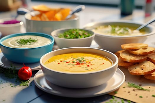 Various types of soup in the restaurant. Assorted soups. High quality photo